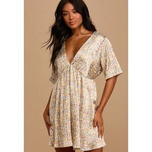 Lulus Express Yourself Yellow Floral Print Satin Babydoll Dress XL V-Neck/Back